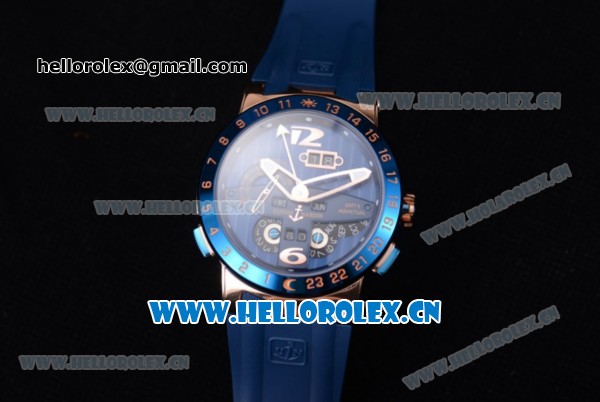 Ulysse Nardin Executive Dual Time & Big Date Asia ST25 Automatic Rose Gold Case Blue Dial Blue Bezel and Blue Rubber Strap - Click Image to Close